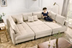 XXL Wohnlandschaft KENT 305cm champagner beige Vogue Velours Samt Federkern mit Hocker