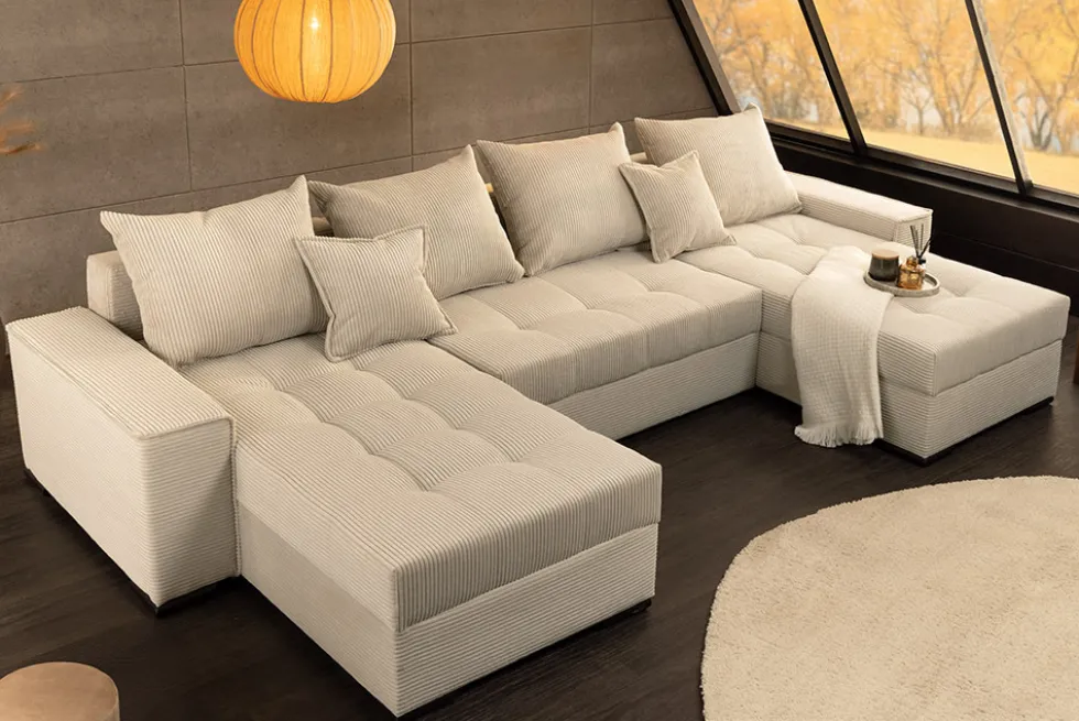 XXL Wohnlandschaft LODGE 315cm champagner beige Cord Sofa mit Schlaffunktion